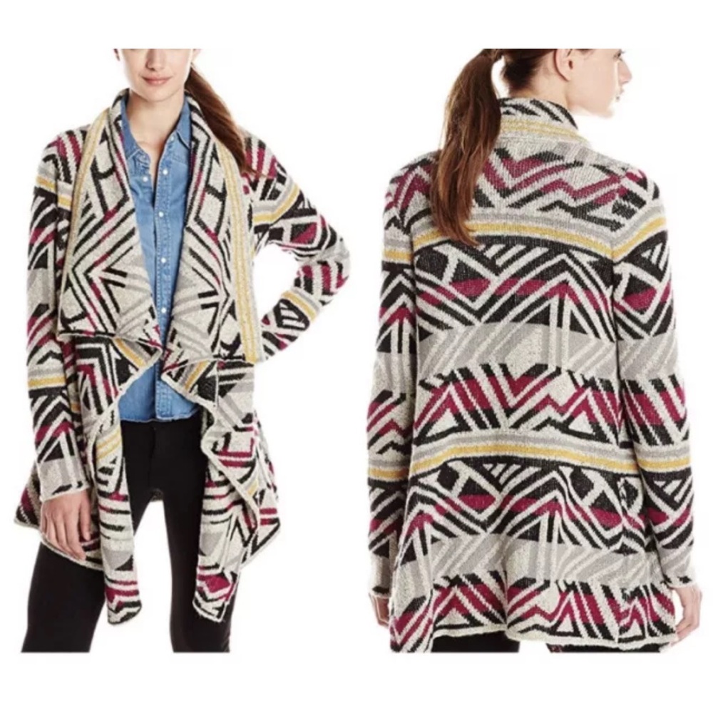 Lucky Brand Intarsia Drape Front Aztec Cardigan Sweater Large